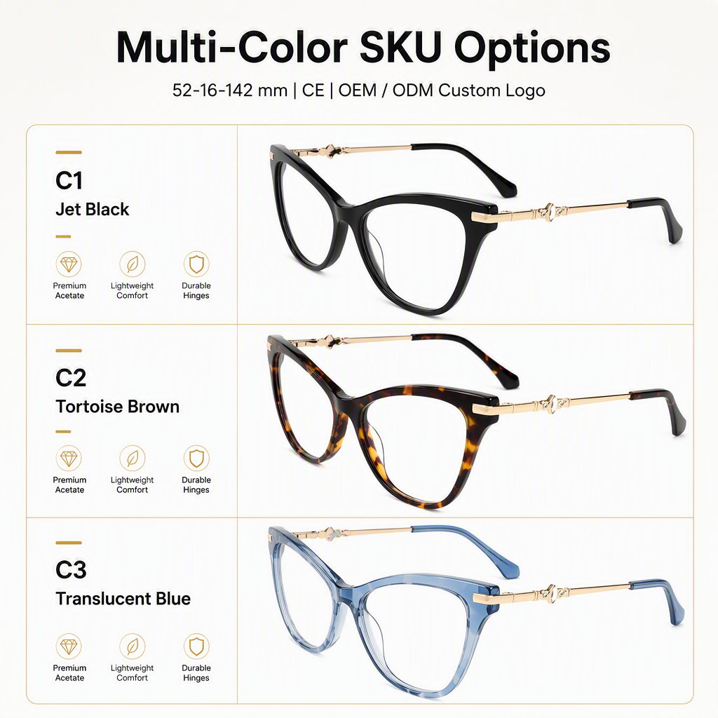 Cat Eye Optical Eyeglasses Frames Acetate Metal Temple Prescription Ready Custom Logo OEM Wholesale 52 16 142