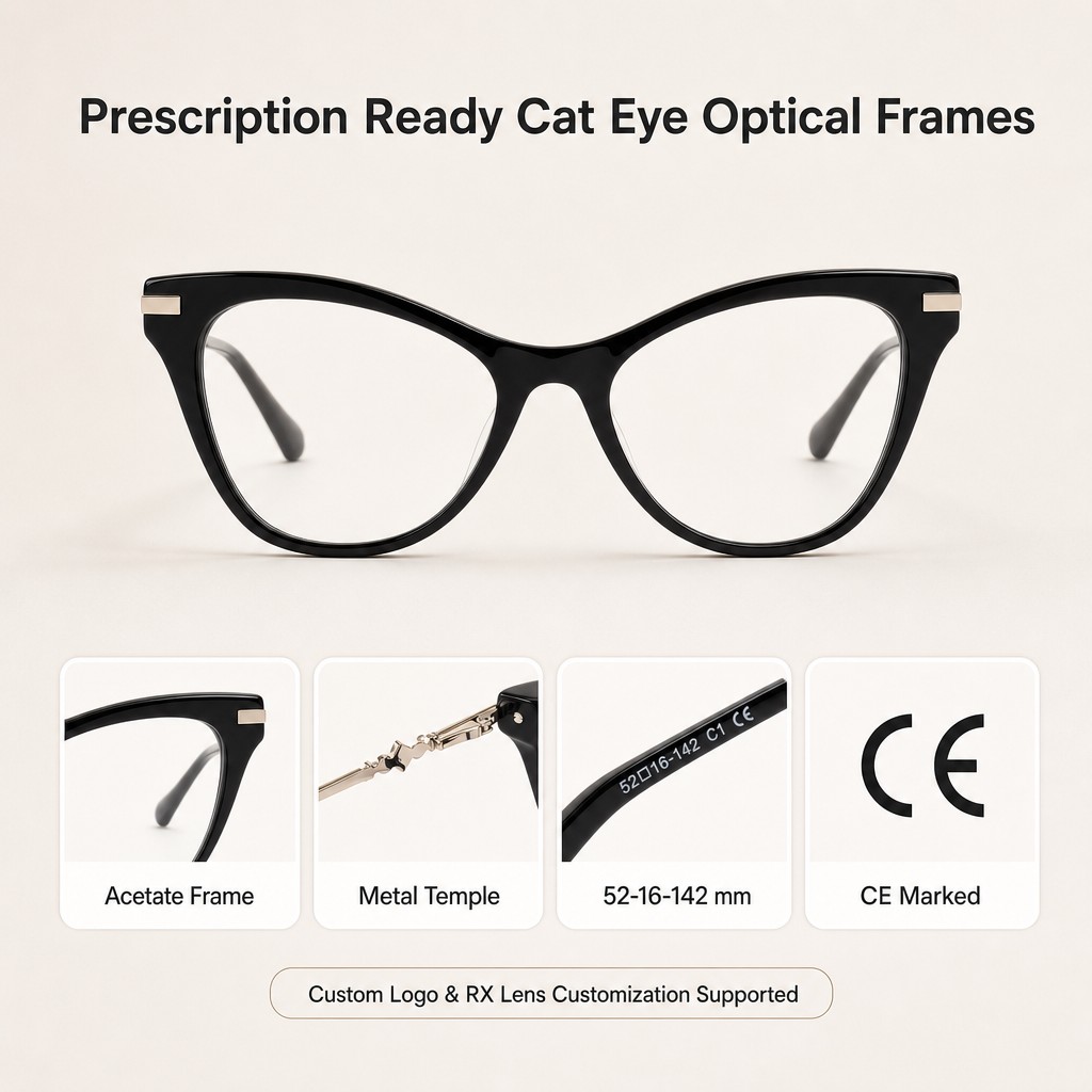 Cat Eye Optical Eyeglasses Frames Acetate Metal Temple Prescription Ready Custom Logo OEM Wholesale 52 16 142