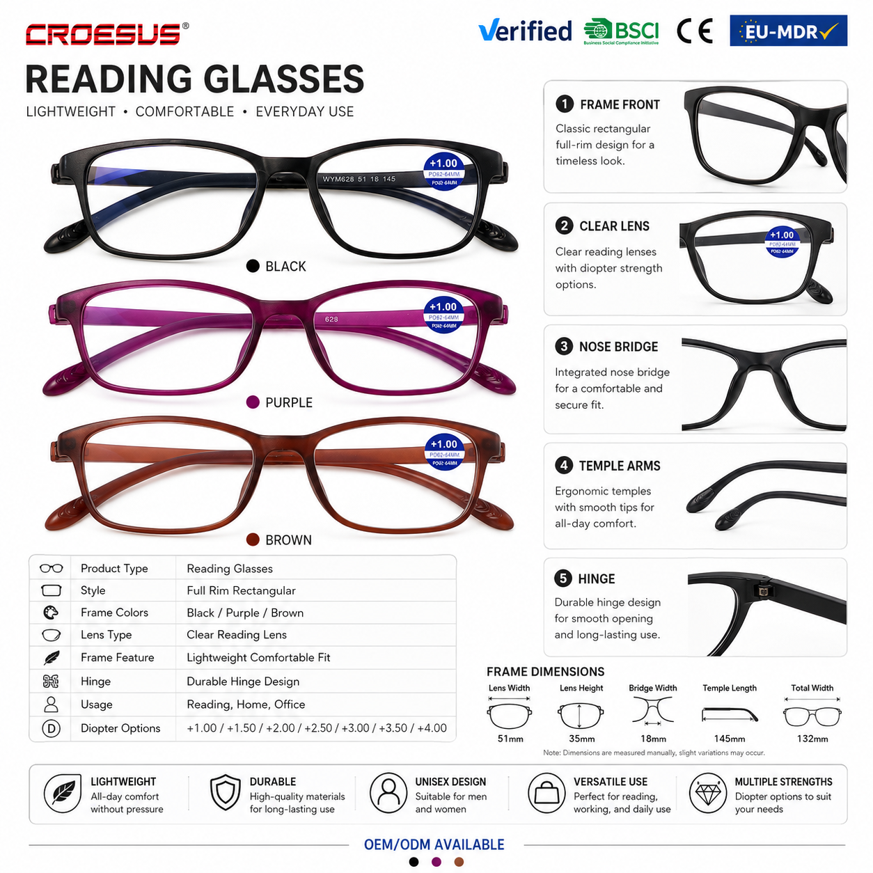 Durable Multiple Diopter Options Classic Cheap Portable Small Plastic Square Frames Anti Blue Light Lens Bulk Reading Glasses