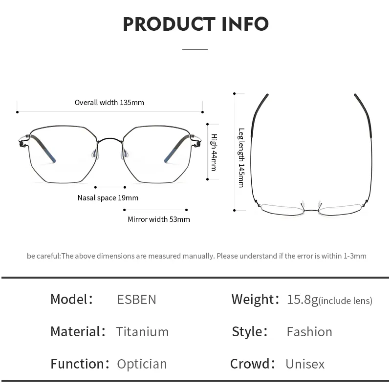 Esben Wholesale Handmade Unisex Retro square Pure Titanium Acetate Optical Eyewear Eyeglasses Spectacle Full Frame in Stock