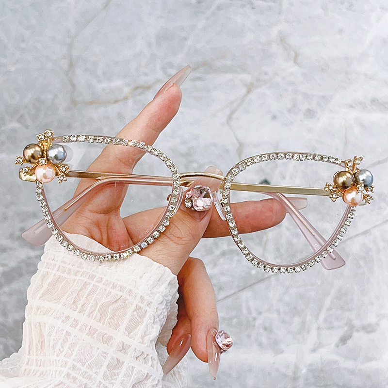 XY81049 Custom Women Anti Blue Light Glasses Manufacturer Cat Eye Blue Ray Blocking Metal Eyewear With Rhinestone