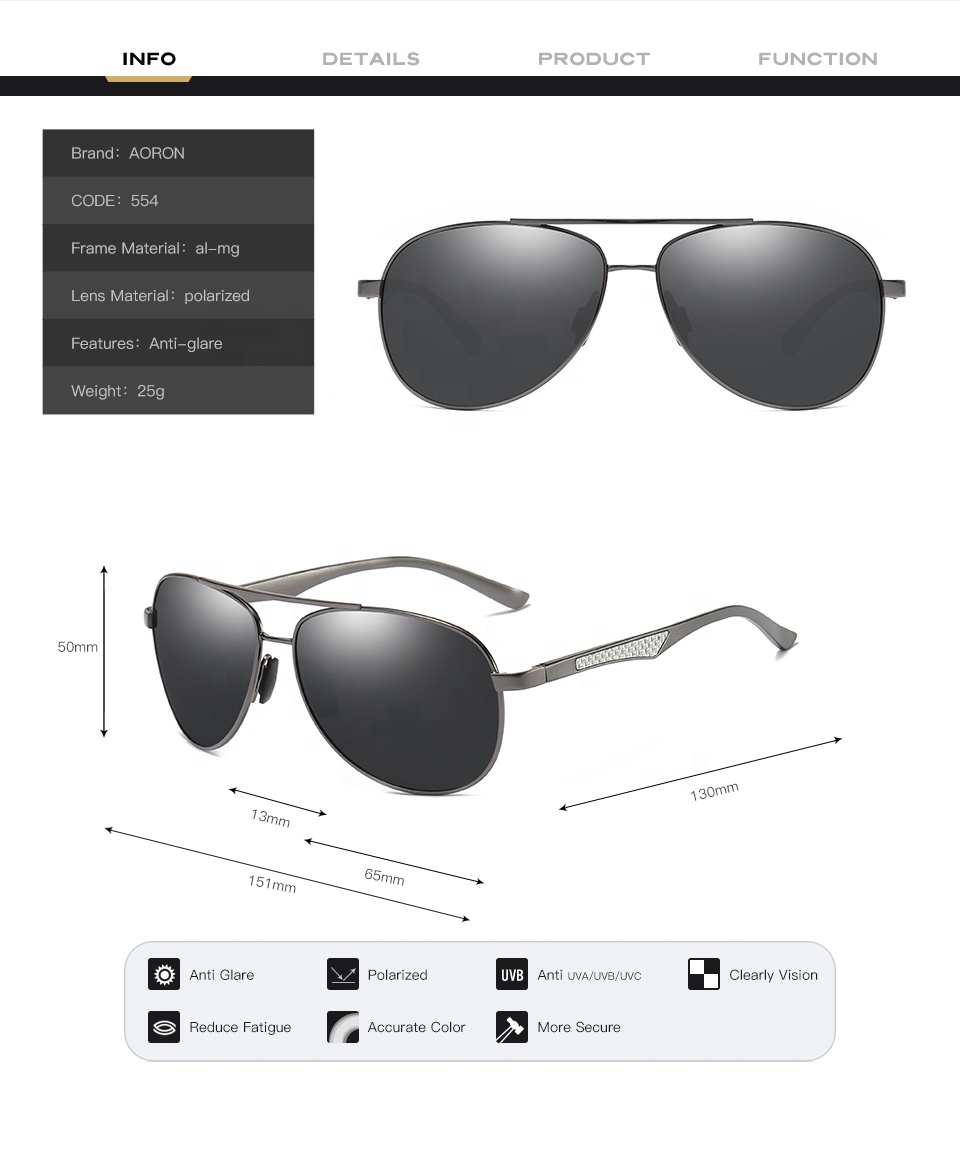Aoron A554 Hot Sell Fashion Vintage Polarized Pilot Sunglasses Metal Sun Glasses Men Wholesale Fishing Driving Brown Sunshade