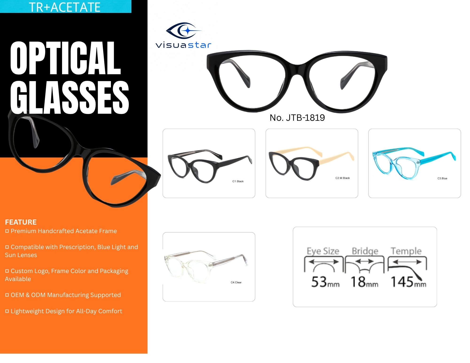 Elegant Cat Eye TR Acetate Optical Eyeglass Frames Full Rim for Women Prescription Eyewear OEM ODM Custom Logo